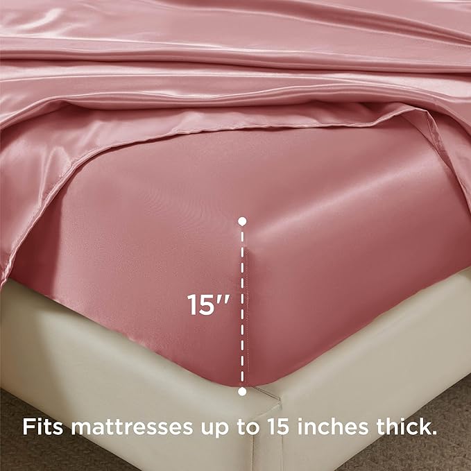 Bedsure Satin Sheets Full Size - 4 Piece Silky Bedsheets with 15 Inches Deep Pocket Fitted Bedsheet,1 Flat Sheet, 2 Satin Pillowcases, Good for Hair & Skin (Full, Coral)