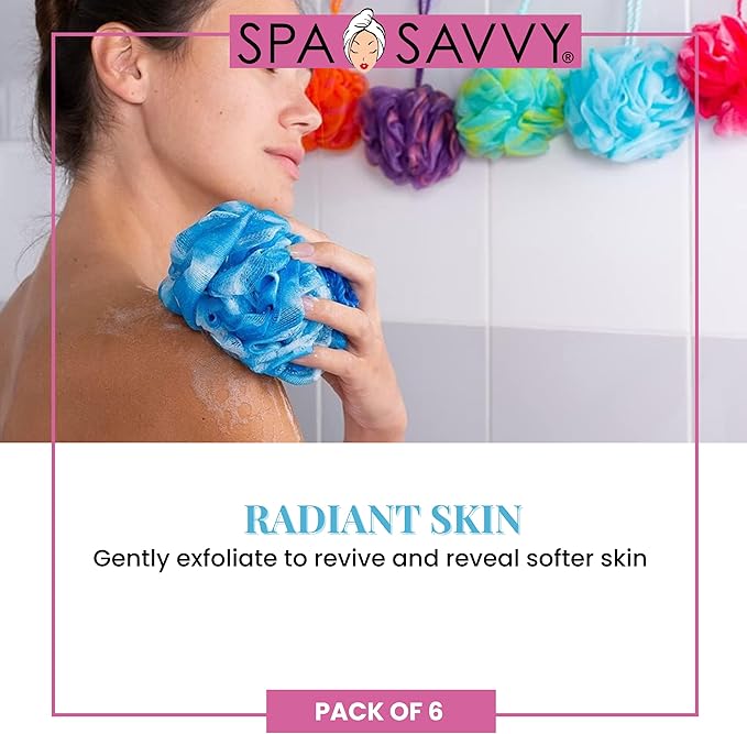Bath Loofah Set, 6 Pack Shower Pouf Body Sponges with Suction Cups, Exfoliating Bath Accessories for Men and Women, Multicolor