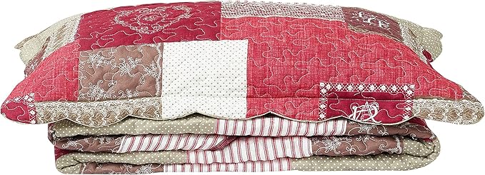 Brilliant Sunshine Burgundy Heart Love, Floral and Lace Patchwork, 2-Piece Quilt Set with 1 Sham, Reversible Bedspread, Soft Lightweight Coverlet, All-Season, Twin, Burgundy