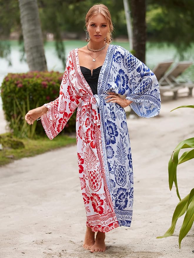Women Casual Open Front Lightweight Cardigan Long Beach Kimono Cover Up