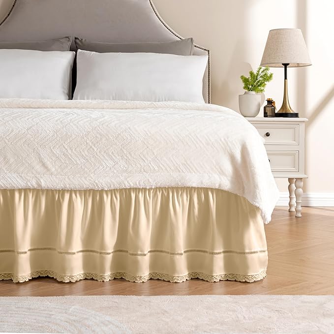 MIYE Wrap Around Ruffled Lace Bed Skirt, Elastic Dust Ruffle with Adjustable Belts, Easy to Put On, Bed Frame Cover, Machine Washable (Floral Lace/Light Beige, King/Queen-18 Drop)