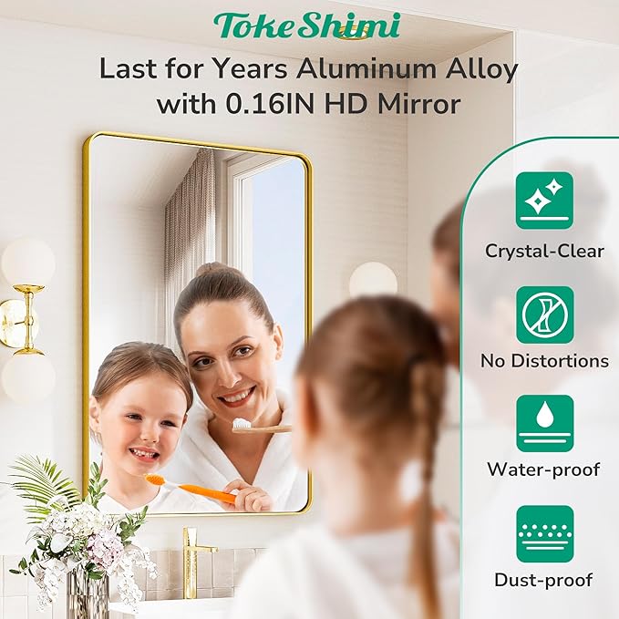TokeShimi 55x36 Bathroom Mirror Gold,Aluminum Framed Bathroom Mirrors for Over Sink,Rectangle Vanity Mirror Bath,Shatterproof Tempered Glass Wall Mirror Modern(Horizontal/Vertical)