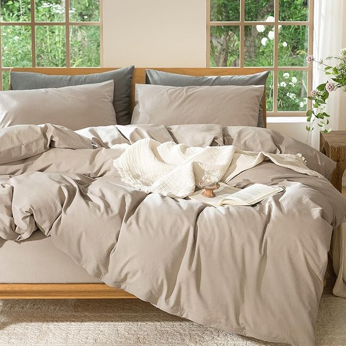 MooMee Bedding Duvet Cover Set 100% Washed Cotton Linen Like Textured Breathable Durable Soft Comfy (Heathered Taupe, Palatial King/Oversized King 120"x98")