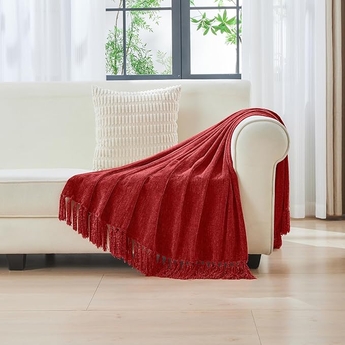 CozeCube Chenille Throw Blanket for Couch, Cozy Plush Fuzzy Decorative Christmas Red Blanket with Fringe Tassels, Lightweight Throws for Bed Sofa Gift Home Decor, 50"X60"