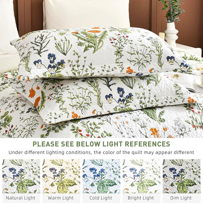 Lady Ann 100% Cotton Floral Oversized Queen Quilt Set - Yellow Flowers & Leaves Pattern Plant Botanical Printed Quilted 102x118 Bedspread & Coverlet Set, 3 PCS Lightweight Bedding Sets All Season