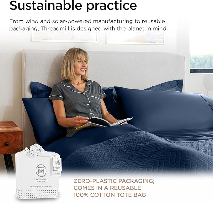 Threadmill 100% Cotton Sheets for Cal King Size Bed - 600 Thread Count Cal King Bed Sheets Set with 16” Deep Pocket - Sateen Weave 4-Piece Bedding Set with Cooling Effect, Folkstone Blue
