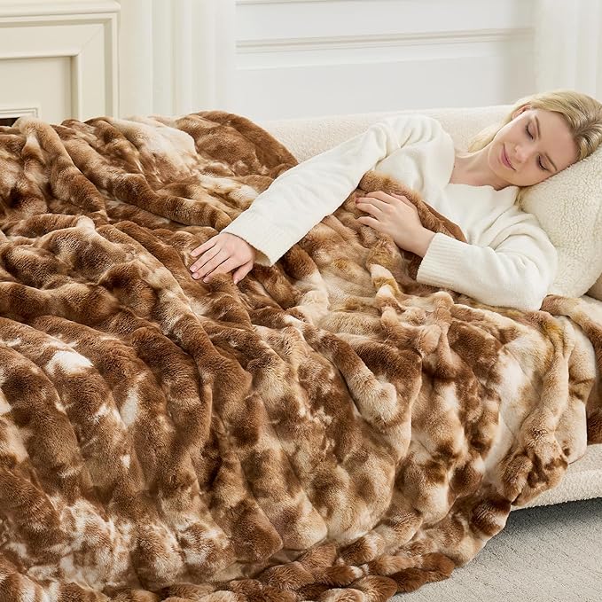 Cozy Bliss Faux Fur Throw Blanket for Couch, Fuzzy Soft Plush Thick Striped Blanket for Sofa Bedroom Living Room, 60 * 80 Inches Tie-dye Brown