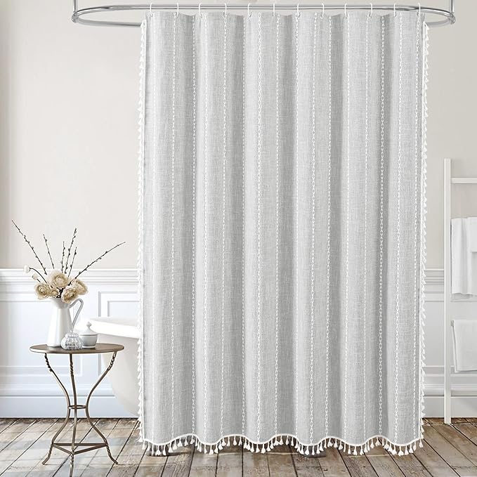 MitoVilla Boho Extra Long Shower Curtain 72 x 96, LightGrey Modern Farmhouse 96 inch XL Polyester Linen Texture Tassel Fabric Shower Curtain Set with Hooks for Cottagecore Country Bathroom Decor