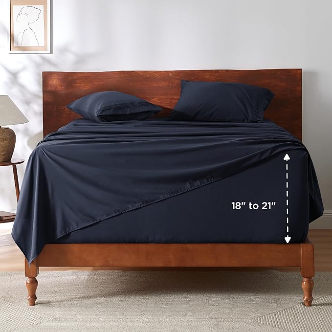 Bedsure Twin XL Sheets Dorm Bedding, GentleSoft Breathable Extra Long Twin Sheets & Pillowcases, Moisture Wicking Cooling, Deep Pocket Fits Mattress Up to 21 Inches Thick, Navy