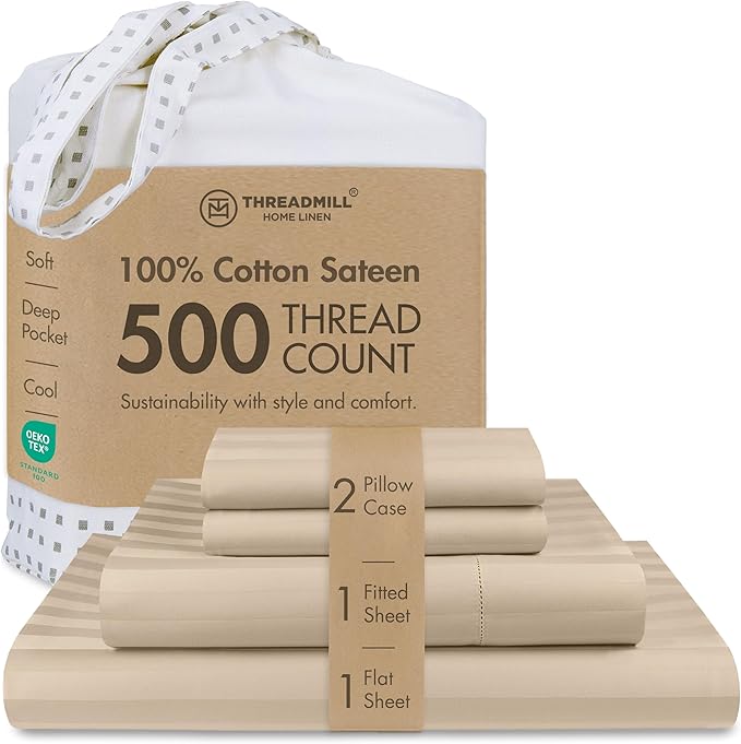 Threadmill 500 Thread Count King Size Damask Stripe, 4 Pc Luxury Cotton Bedsheet Set, Silky Soft Light Beige Sheets with 16" Elasticized Deep Pocket, 2 Pillowcases & Free Tote Bag