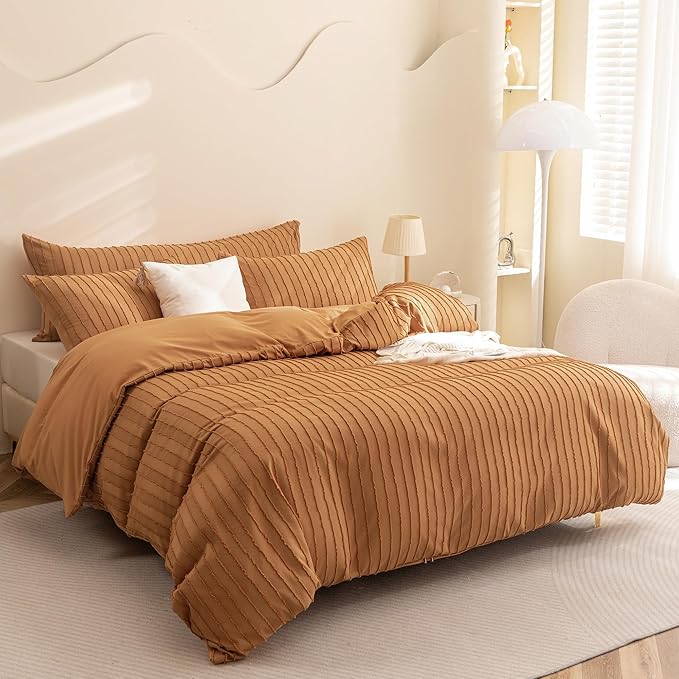 JELLYMONI Duvet Cover Queen Size Rust - 3PCS Boho Striped Duvet Cover Set Polyester Tufted Bohemian Textured Comforter Cover 90×90in with Corner Ties & Zipper and 2 Pillowcases