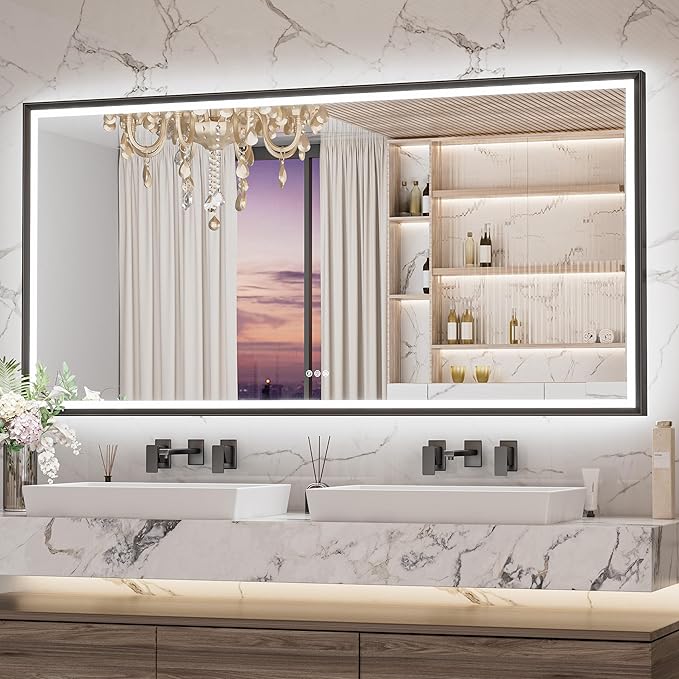 Keonjinn 72 x 36 Inch Bathroom Mirror with Frontlit & Backlit, Black Metal Framed Beveled Edge Mirror, Large LED Mirror with Anti Fog for Wall, Stepless 3-Color Temperatures, UL-Listed Driver
