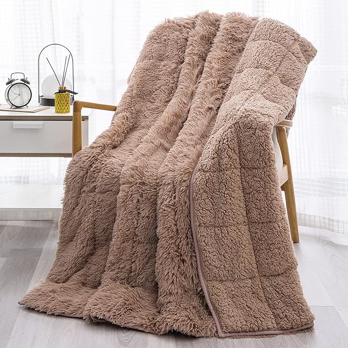 Wemore Shaggy Long Fur Faux Fur Weighted Blanket,Cozy and Fluffy Plush Sherpa Long Hair Blanket for Adult 15lbs,Fluffy Fuzzy Sherpa Reverse Heavy Blanket for Bed,Couch, Brown 48 x 72 Inches