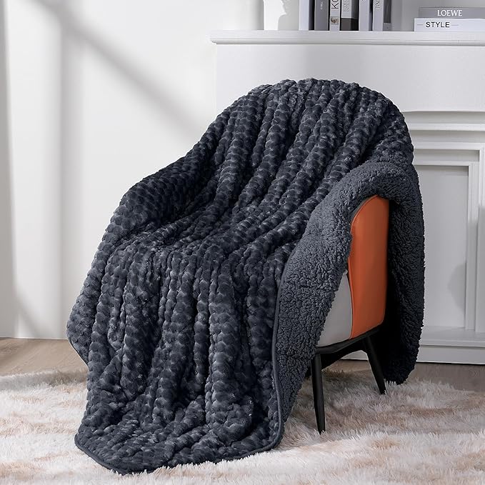 Topblan Weighted Blanket for Adults (60" x 80" 20lbs, Dark Grey), Soft Sherpa Queen Size Heavy Blanket, 3D Jacquard Flannel Fleece Weighted Blankets for Couch and Bed