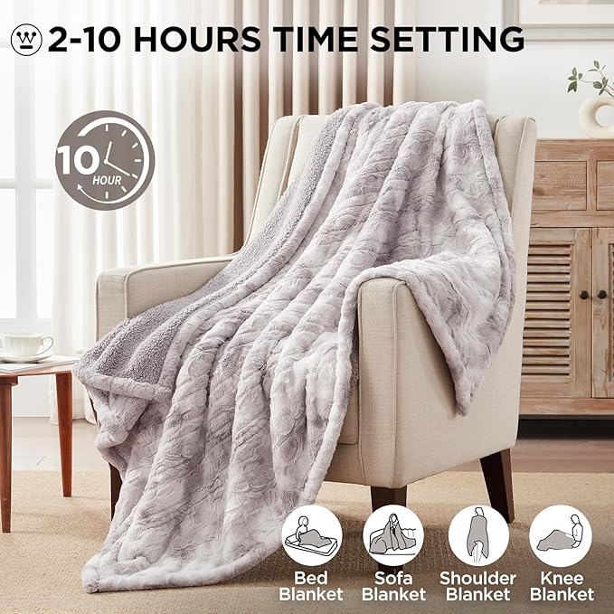 Westinghouse Electric Throw Blanket, Faux Fur Heated Blanket with 6 Heating Levels & 2-10 Hours Auto Off, Soft Cozy Sherpa Heated Blanket Washable Blanket (50" x 60" Throw Size, Light Grey)