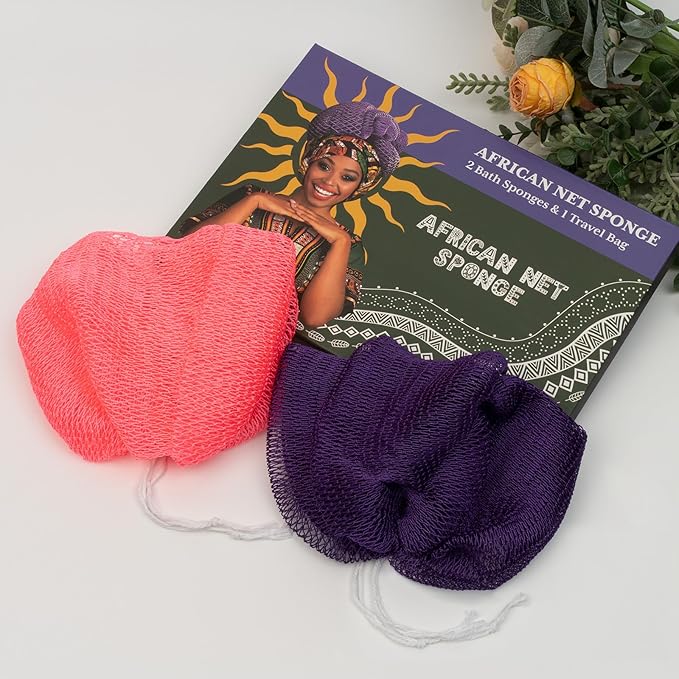 African Net Sponge Authentic with Handles (Set of 2), African Exfoliating Net Sponge, Exfoliating Body Scrubber Bath Sponge - Bathing Accessories with Storage Bag (Purple & Rose)