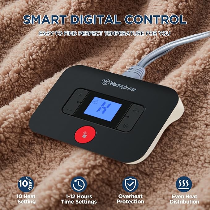 Westinghouse Electric Blanket Twin Size, Soft Plush Sherpa Heated Blanket with 10 Heating Levels & 1-12 Hours Auto-Off, Machine Washable, 62x84 inches, Camel