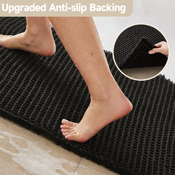 Black Bathroom Rug, Waffle Bath Mat Non Slip Washable Super Absorbent Quick Dry Boho Farmhouse Bathroom Decor, 30"x20" Black