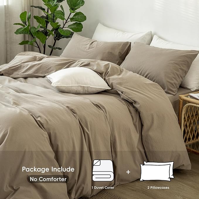 MooMee Bedding Duvet Cover Set 100% Washed Cotton Linen Like Textured Breathable Durable Soft Comfy (Solid Light Camel, Super King Plus 120"x120")