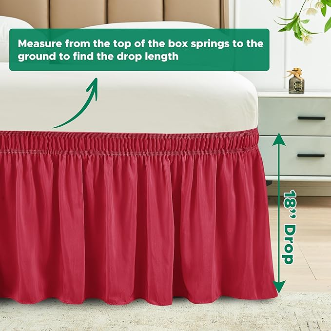Biscaynebay Wrap Around Bed Skirts for King & Cal King Beds 18" Drop, Red Adjustable Elastic Dust Ruffles Easy Fit Wrinkle Resistant Silky Luxurious Fabric Machine Washable