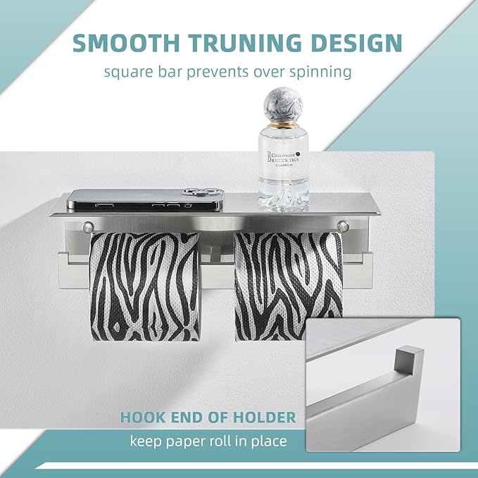 Angle Simple Double Toilet Paper Holder with Shelf, SUS 304 Stainless Steel Bathroom Lavatory Toilet Tissue Roll Holder Wall Mount, Brushed Nickel