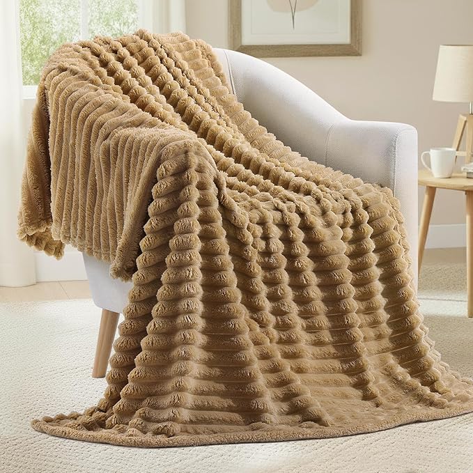 decorUhome Christmas Soft Fleece Brown Blanket King Size for Bed, Cozy Fluffy Plush Flannel Large Striped Throws for Couch Sofa, Lightweight Decorative Fuzzy Blanket for Woman, 108x90 Inches