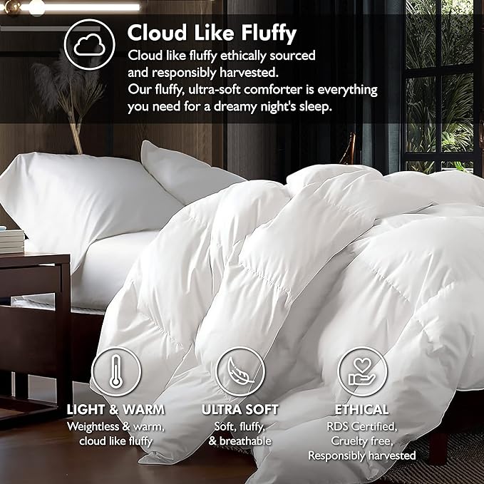 Luxurious Oversize California King 108" x 98" Size Goose Down Fiber Waterfowl Feather Fiber Comforter Duvet, 100% Egyptian Cotton Cover, 68 oz. Fill Weight, Baffle Box Design, White Solid