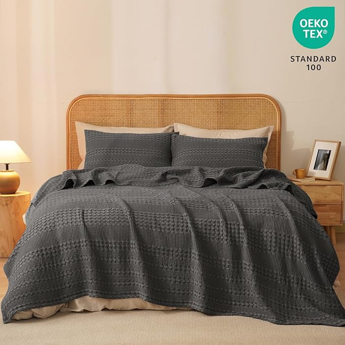 PHF 100% Cotton Waffle Weave Blanket Queen Size for Bed, Soft Lightweight & Breathable, All-Season Comfort, Luxury Aesthetic Woven Bedding for Home Decor, 90"x90", Charcoal Grey