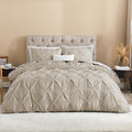 Litanika Oatmeal Oversized Queen Pinch Pleat Duvet Cover, 3 Pieces Pintuck Cover Soft Microfiber Bedding Set with Zipper Closure & Corner Ties(1 Duvet Cover, 2 Pillowcases)