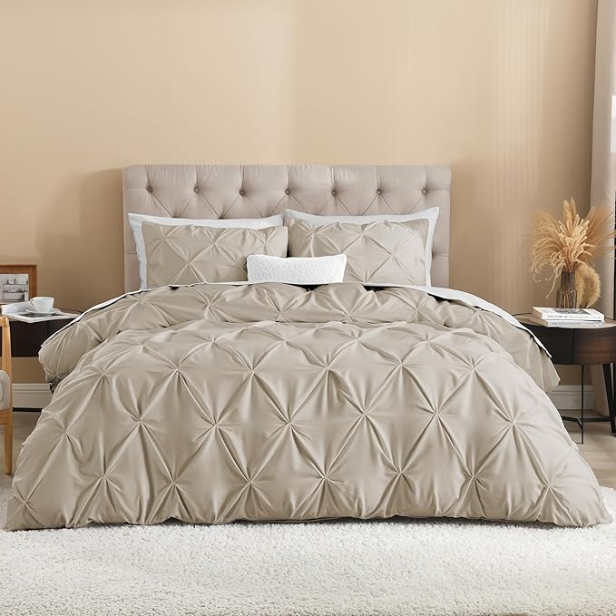 Litanika Oatmeal Pinch Pleat Duvet Cover King, 3 Pieces Pintuck Soft Microfiber Bedding Set with Zipper Closure & Corner Ties(104x90Inch-1 Duvet Cover, 2 Pillowcases)
