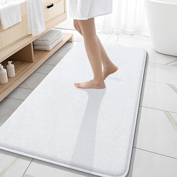 OLANLY Thick Memory Foam Bath Mat Rug 47x20, Extra Soft Absorbent Bathroom Rug, Quick Dry Bath Mats, Non-Slip, Machine Washable Carpet for Bathroom, Tub and Shower, Home Decor Accessories, White