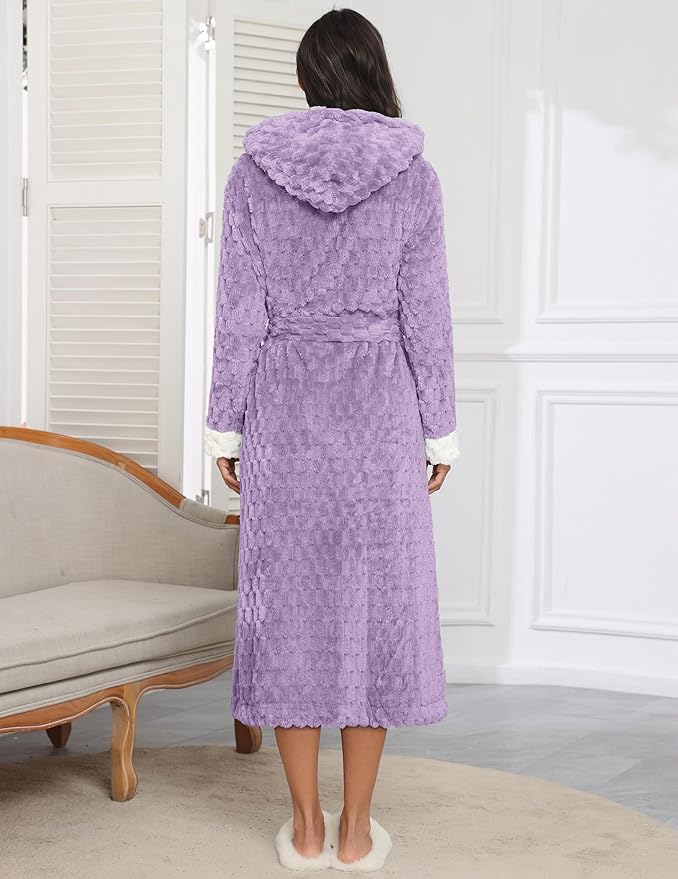 Ekouaer Womens Plush Robes Long Soft Jacquard Fluffy Bathrobe Hooded Robe Sleepwear with Pockets