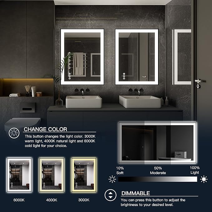 ISKM Framed LED Mirror for Bathroom 36"x24", Dimmable LED Bathroom Mirror with Lights, Anti-Fog, Front and Backlit Lighted Mirror 3-Colors, Shatterproof, Memory Function