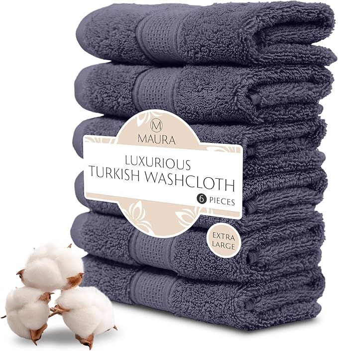 MAURA 6-Pack Premium Turkish Washcloth Set - Ultimate Luxury with Soft, Thick, Super Absorbent, and Oversized Cotton Face Towels - Ideal for a Hotel & Spa Quality Experience in Classic Denim Blue