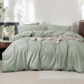 FOSSA Duvet Cover Set 100% Washed Cotton Linen Feel Super Soft Breathable Cozy 3 Pieces Bedding Sets Solid Sage Green Oversized Queen