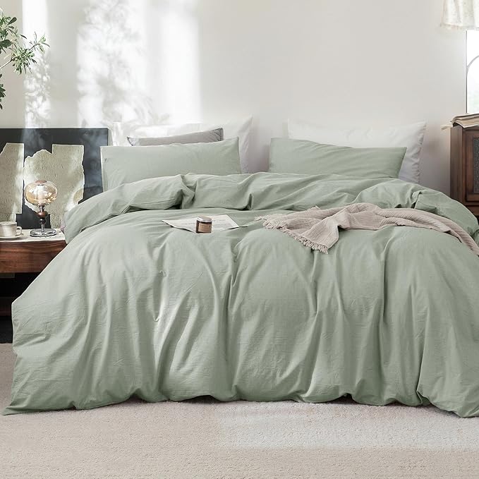 FOSSA Duvet Cover Set 100% Washed Cotton Linen Feel Super Soft Breathable Cozy 3 Pieces Bedding Sets Solid Sage Green Oversized Queen