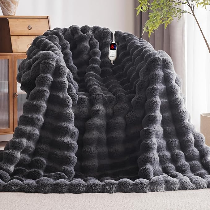 Heated Blanket Throw with 1/2/4/6/8 Hours Auto-Off 10 Heat Level, 50'' * 60'' Cozy Faux Rabbit Fur Bubble Electric Blanket with Overheat Protection(Dark Grey)
