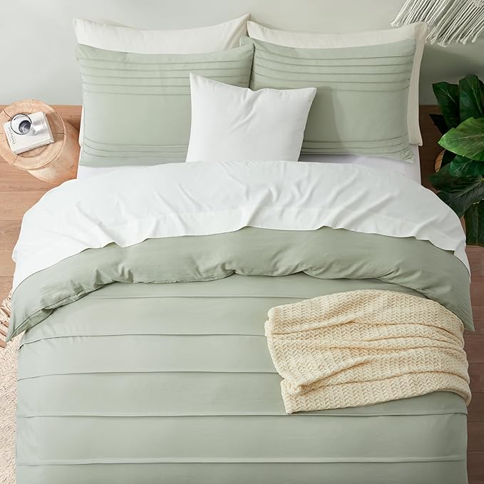 Oli Anderson Mist Sage Duvet Cover King Size - Pleated King Duvet Cover, 3PCS Soft and Breathable Textured Bedding Set with Zipper Closure(Mist Sage,104"x90")
