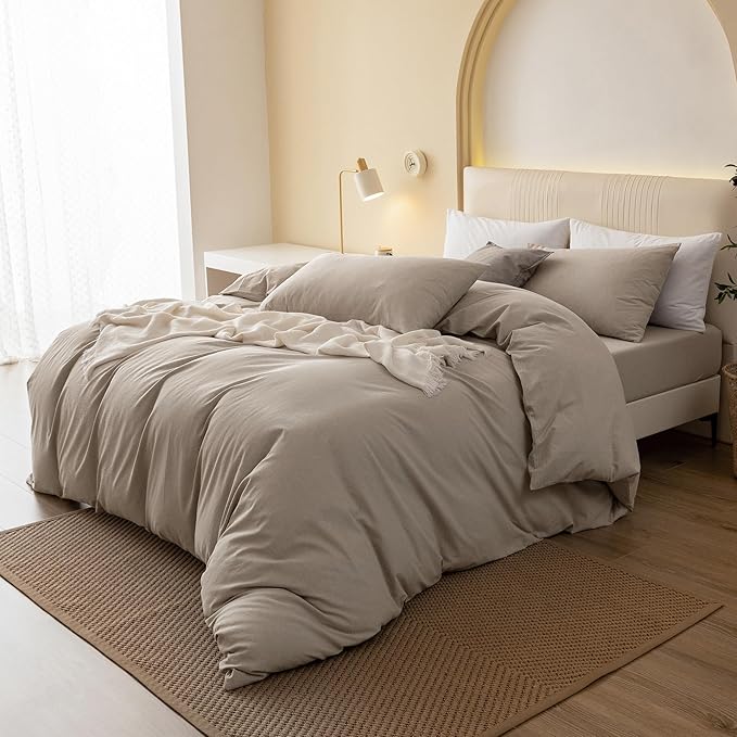 JIYUAN 100% Washed Cotton Duvet Cover Set 3 PCS Oversized Queen,1 Duvet Cover 98"x98"(Comforter Not Included) and 2 Pillowcases, Linen Like Comfy and Breathable, Heathered Tannish Linen Grey