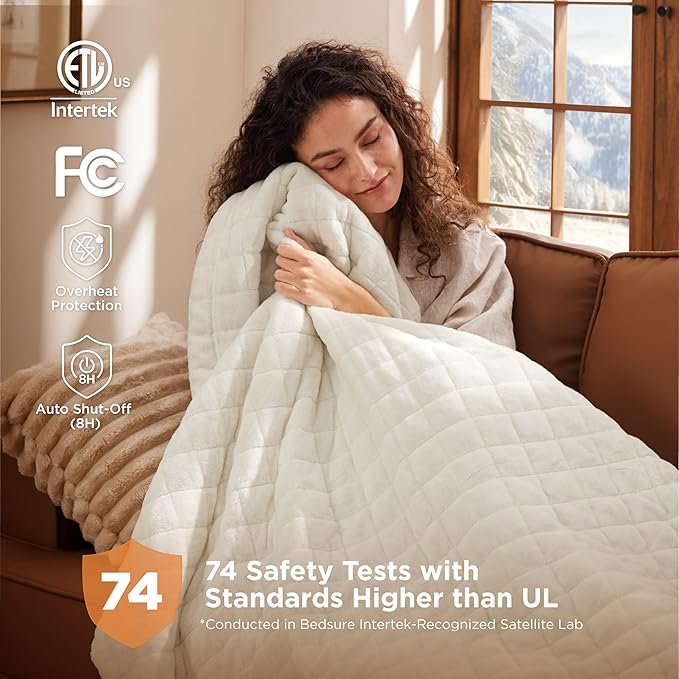Bedsure Electric Blanket Queen Size - Quilted Winter Bedding of Thick Flannel, Dual Control Heated Blanket with 10 Heat & 10 Time Settings, Fast Heating for Cold Sleepers (84x90 inches, Ivory)