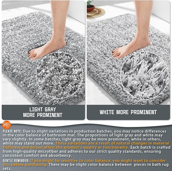 Yimobra Long Bathroom Rug 47"x 24", Super Absorbent Bath Mat, Quick Dry, Luxury Non-Slip Bath Rugs for Tub Side, Double Sink Vanity, Machine Washable, Home Decor Accessories, Light Gray and White