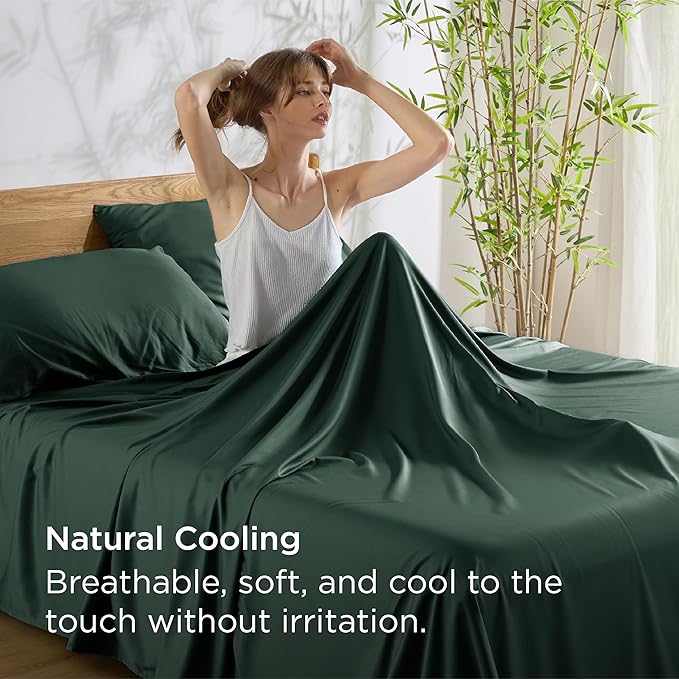Bedsure King Size Sheets Set, Cooling Sheets for Hot Sleepers, Rayon Derived from Bamboo, Breathable & Soft, Deep Pocket Up to 16 Inches, Hotel Luxury Silky Bedding, Forest Green