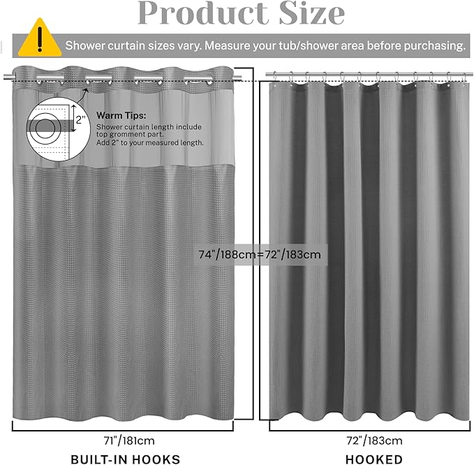 No Hook Shower Curtain with Snap in Liner Set Waffle Shower Curtain for Bathroom Hotel Style Fabric Waterproof Inner Liner，71" W x 74" H, Grey