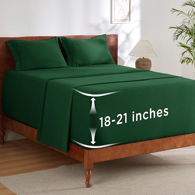 Bedsure Deep Pocket Queen Sheets Set - Fits Mattresses Up to 21 Inches Thick - 4 Piece GentleSoft Bed Sheets, Moisture Wicking, Soft & Cooling Bedsheet & Pillowcases, Easy & Secure Fit, Emerald Green