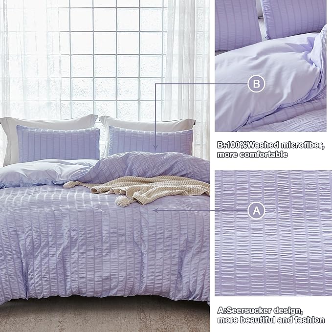 AveLom Lavender Purple Seersucker Duvet Cover Set King (104 x 90 inches), 3 Pieces (1 Duvet Cover + 2 Pillow Cases), Ultra Soft Washed Microfiber, Textured Duvet Cover with Zipper Closure, Corner Ties