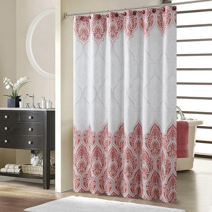 90 Inch Paisley Shower Curtain, Extra Long Water Repellent Fabric with Terracotta & Gray Bohemian Print, 12 Metal Grommets & Weighted Hem, 72x90 Inches
