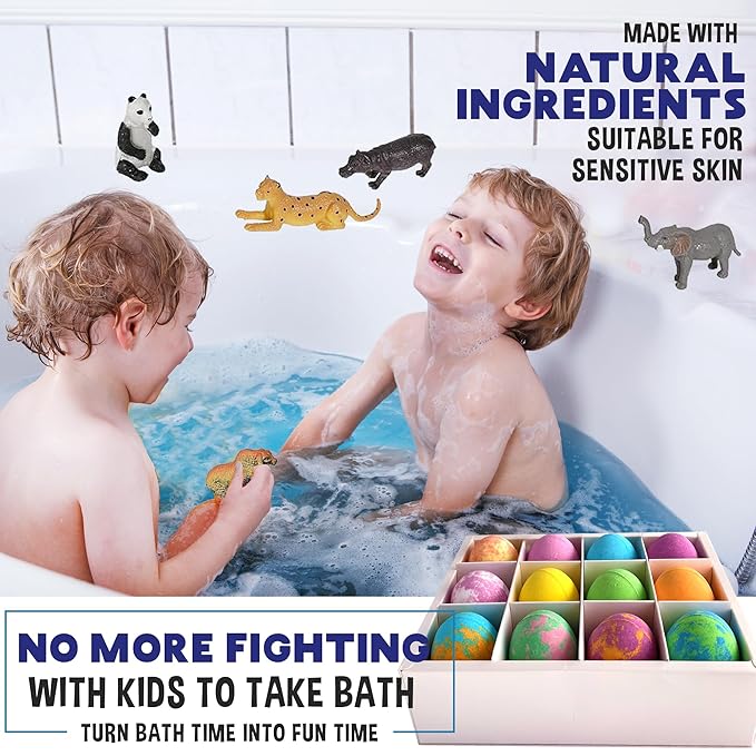 Bath Bombs for Kids with Surprise Inside- 12 pk Kids Bath Bombs with Jungle Toys, Organic, Natural, Skin-Moisturizing Bubble BathBombs. Stocking Stuffers Christmas Gifts for Boys, Girls, Toddlers