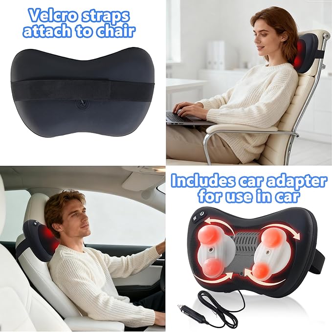 Shiatsu Neck and Back Massager with Heat - Deep Tissue Massage Pillow for Neck, Back & Shoulders Pain Relief, Portable Ergonomic Design Electric Massager for Home, Car, Office Use, Black