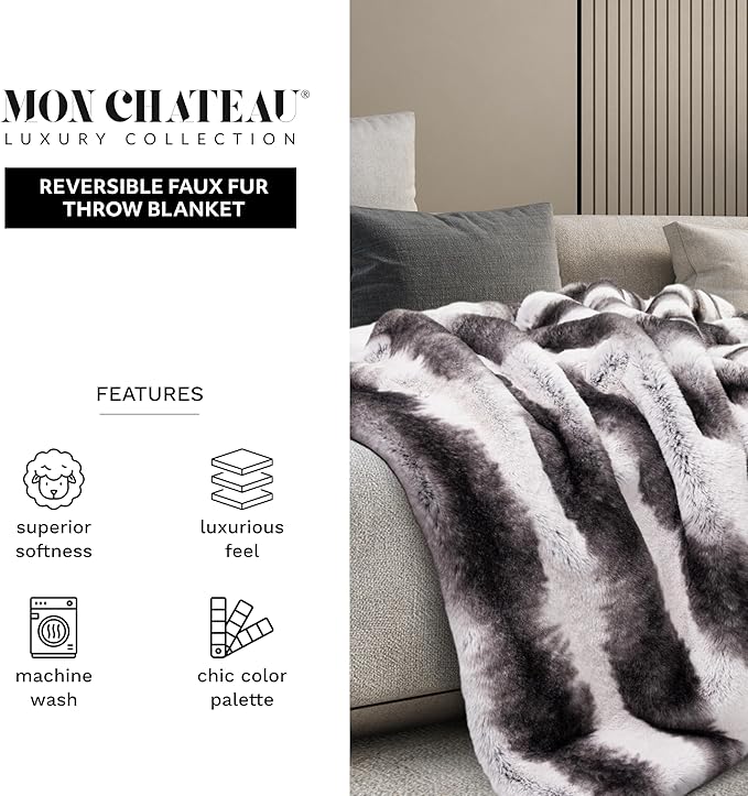 Mon Chateau 60" x 70" Embrace Foldover Faux Fur Throw, Plush Throw with 6cm Foldover for Couch, Sofa, or Bed, Ultra Soft Blanket for Sleeping or Home Decor, Meadow Loom