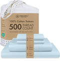 Threadmill 500 Thread Count King Size Damask Stripe, 4 Pc Luxury Cotton Bed Sheet Set, Breathable Light Blue Sheets with 16" Elasticized Deep Pocket, 2 Pillowcases & Free Tote Bag